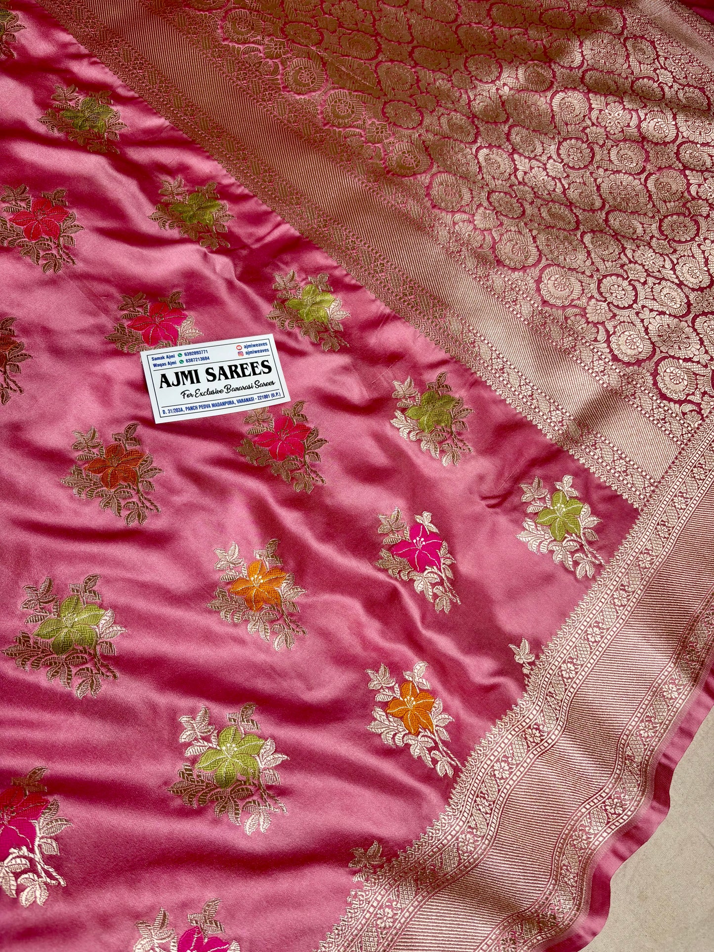 Elegant Onion Pink Banarasi Saree with Multicolor Meenakari Floral Buti