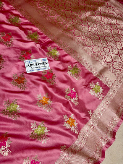Elegant Onion Pink Banarasi Saree with Multicolor Meenakari Floral Buti