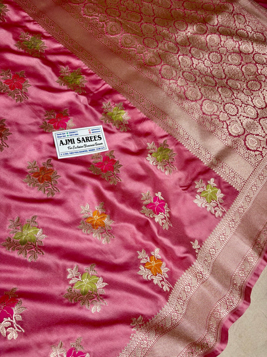 Elegant Onion Pink Banarasi Saree with Multicolor Meenakari Floral Buti