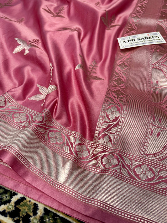 Premium Mashru Katan Silk Banarasi Saree – Onion Pink - All-Over Buta Motifs Banarasi Saree