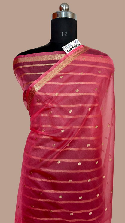 Strawberry Kora Silk Banarasi Saree with All-Over Motifs & Striped Blouse Banarasi Saree