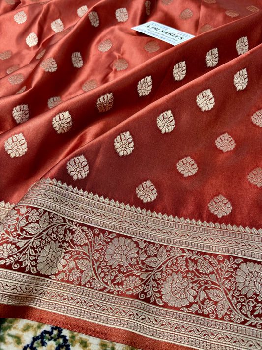 Mashru Katan Silk Banarasi Saree in Rust Copper with All-Over Zari Motifs Banarasi Saree
