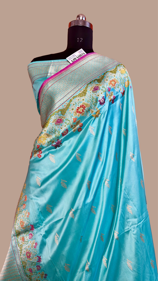 100% Pure Katan Silk Handloom Tilfi Meenakari Banarasi Saree with All-Over Kadwa Motifs & Golden Zari – Turquoise Blue Banarasi Saree