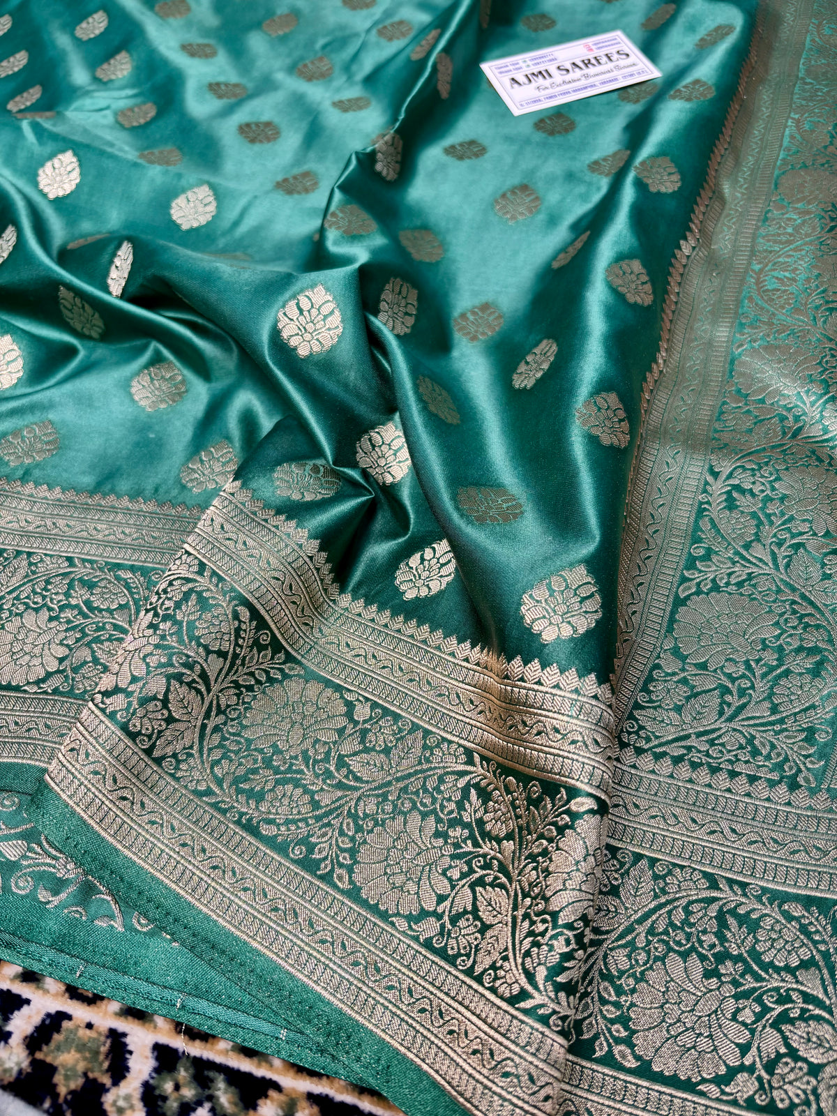 Mashru Katan Silk Banarasi Saree – Sea Green with All-Over Motifs Banarasi Saree