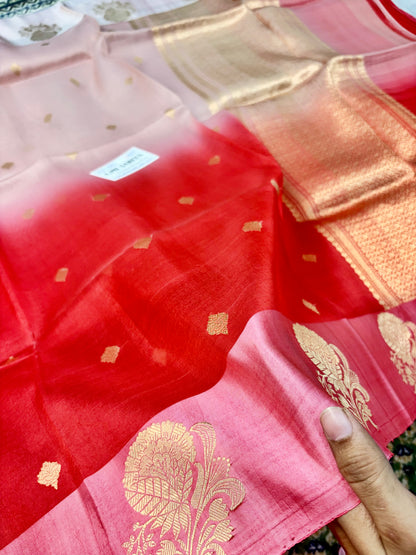 100% Pure Kora Silk Handloom Banarasi Saree – Pink & Red Dual Shade Kadwa Banarasi Saree