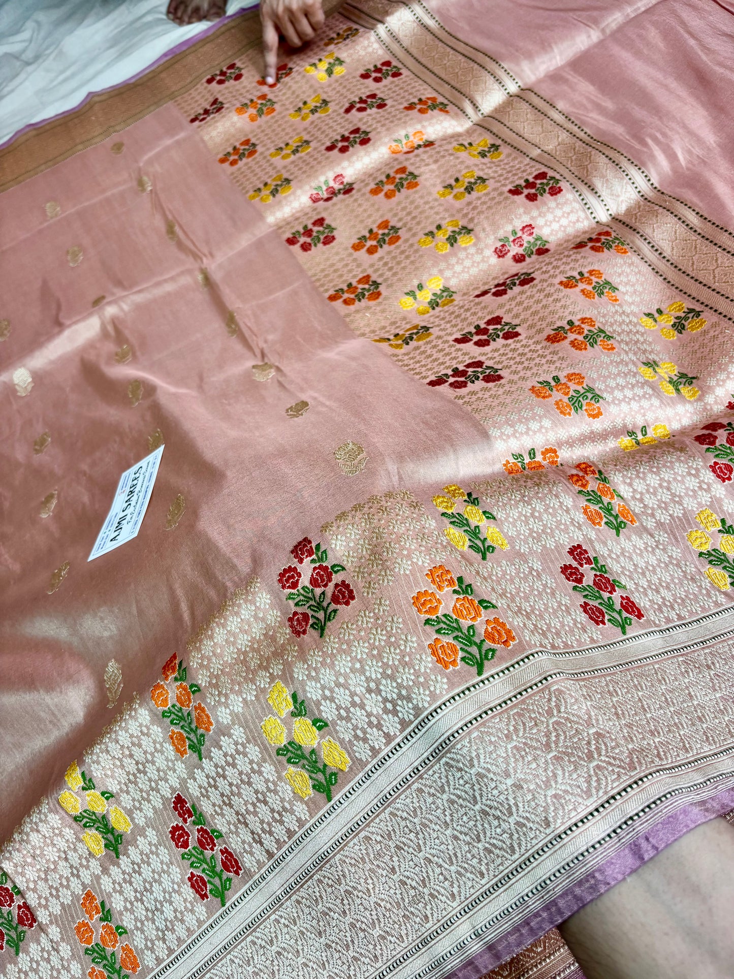 Luxury Copper Handloom Banarasi Saree with Lavender Striped Blouse Piece
