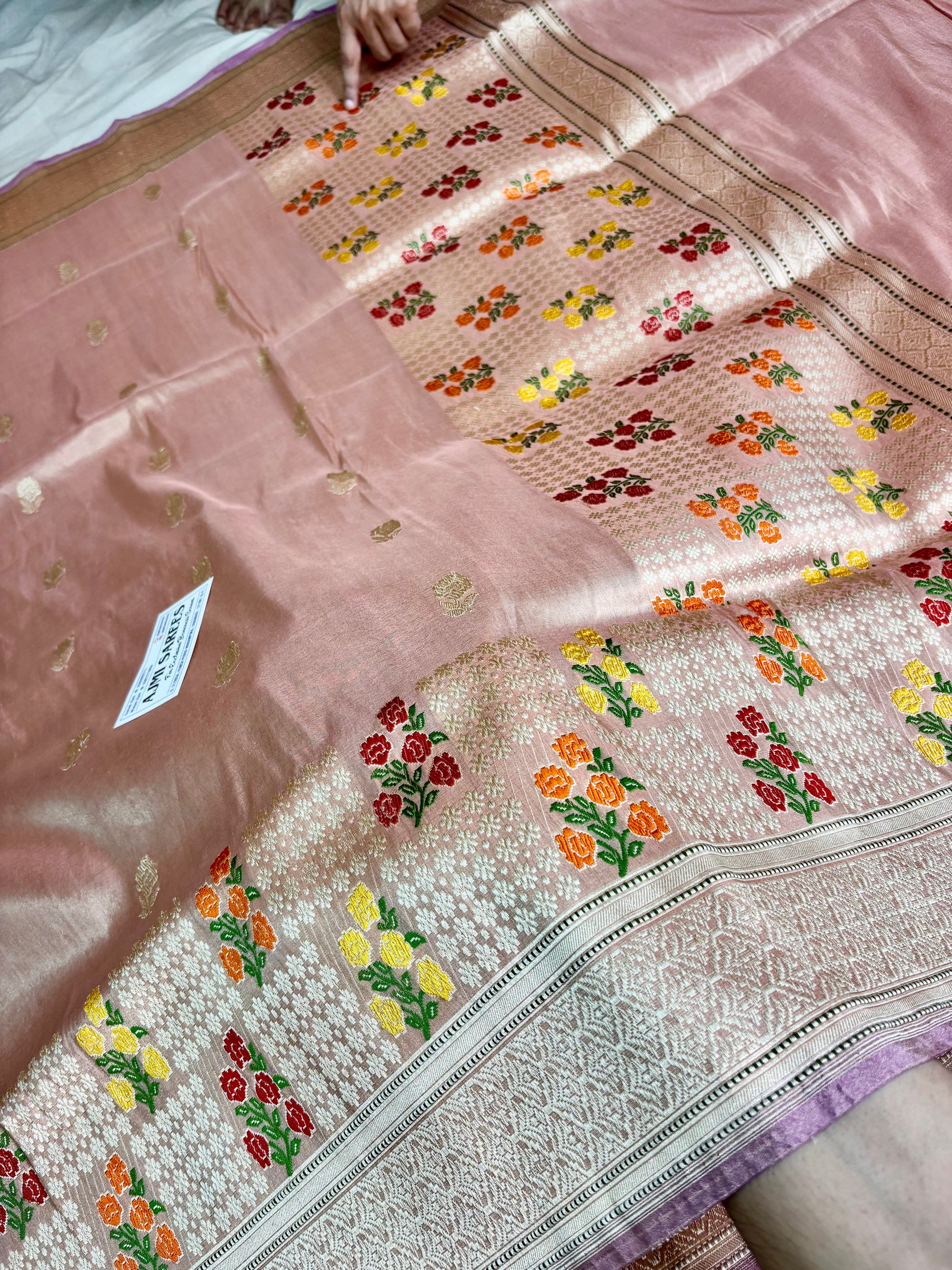 Luxury Copper Handloom Banarasi Saree with Lavender Striped Blouse Piece