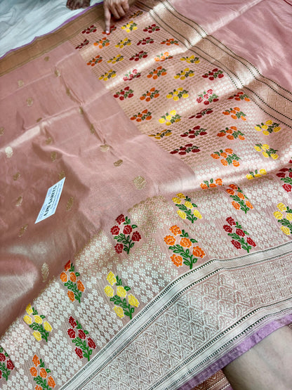 Luxury Copper Handloom Banarasi Saree with Lavender Striped Blouse Piece