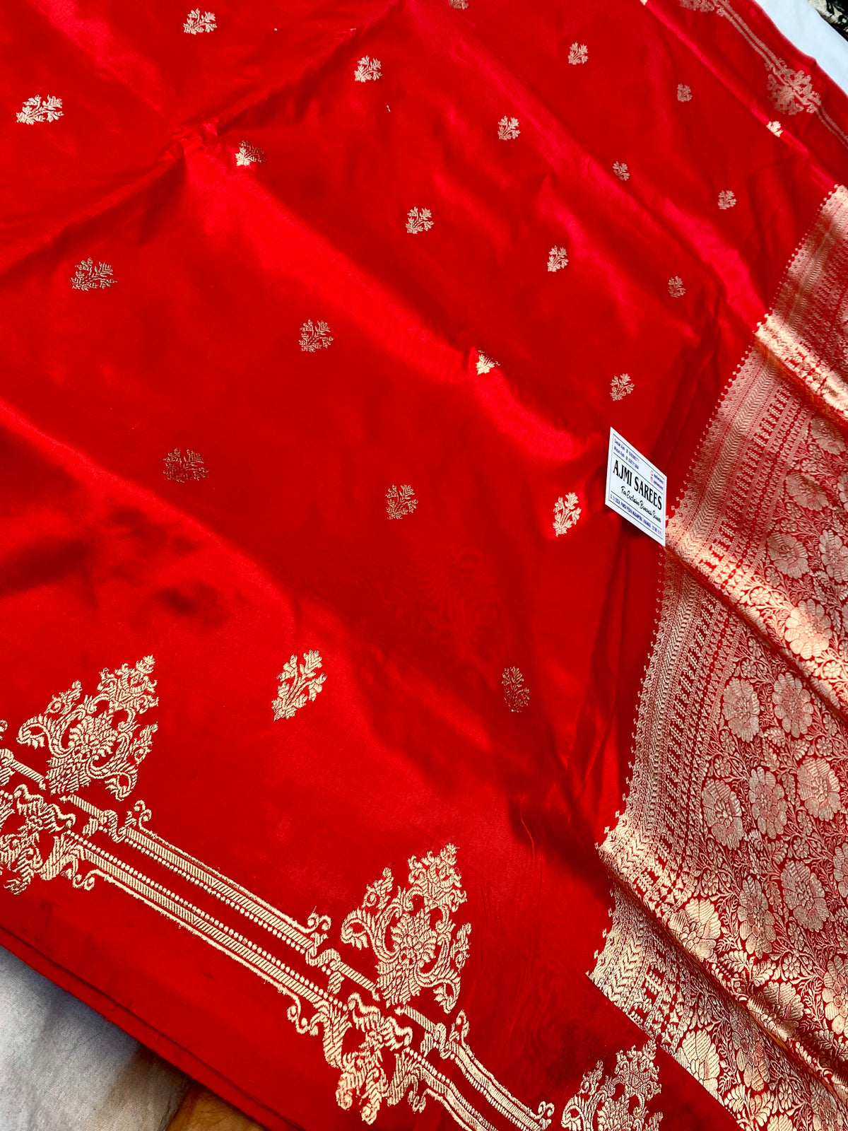100% pure Katan silk red Banarasi saree with gold zari pallu