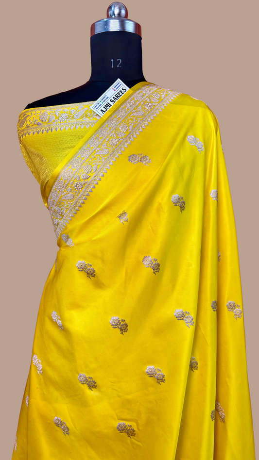 Premium Mashru Katan Silk Banarasi Saree – Sunshine Yellow Banarasi Saree