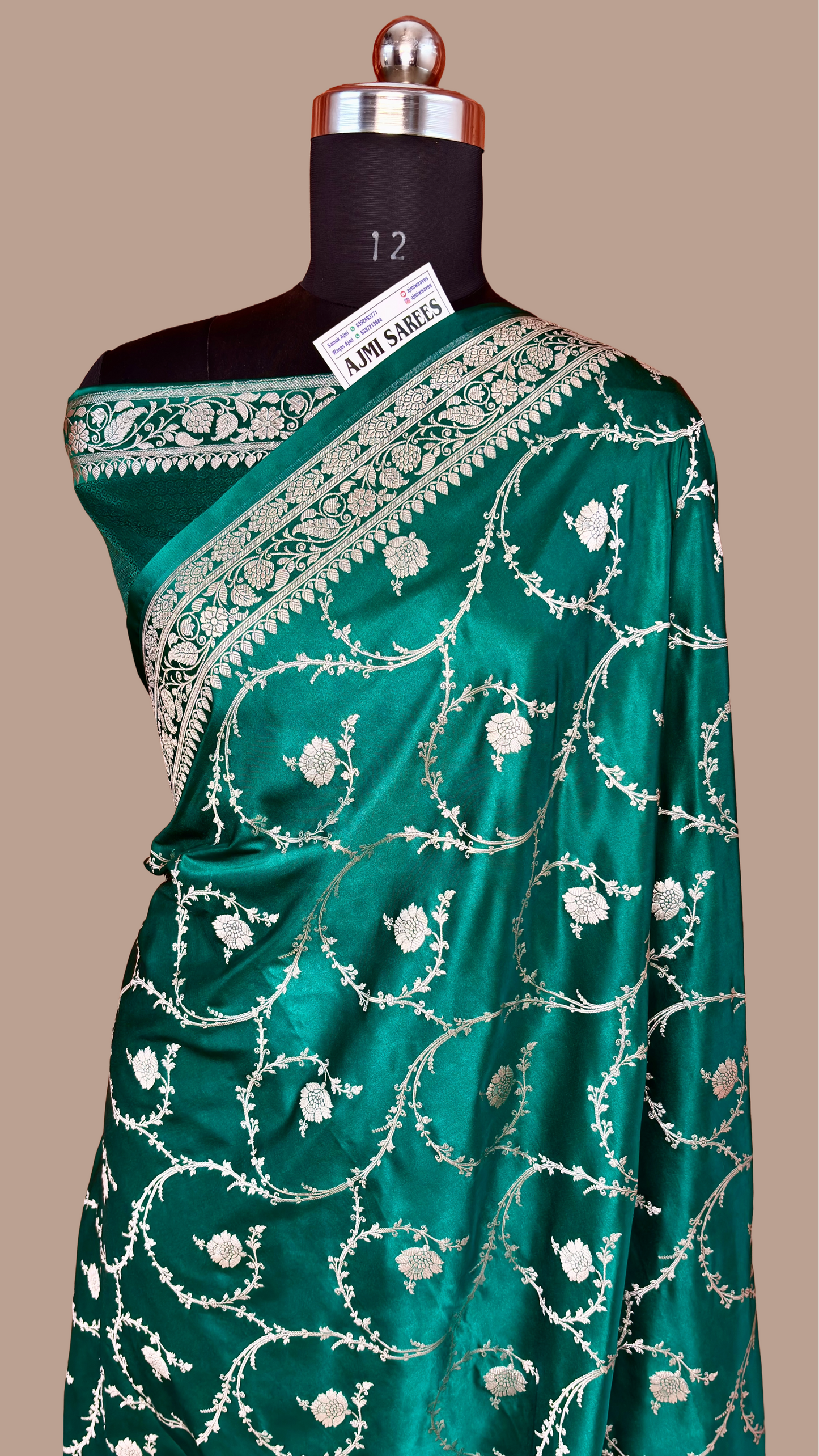Rama green Mashru Katan Silk Banarasi saree with floral jaal