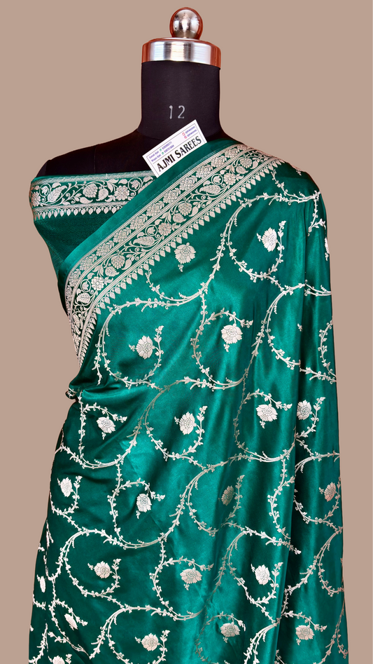 Rama green Mashru Katan Silk Banarasi saree with floral jaal