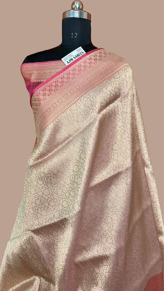 100% Pure Tissue Katan Silk Handloom Banarasi Saree – Lavender Body with Contrast Gajri Border Pure kora tissue silk banarasi saree