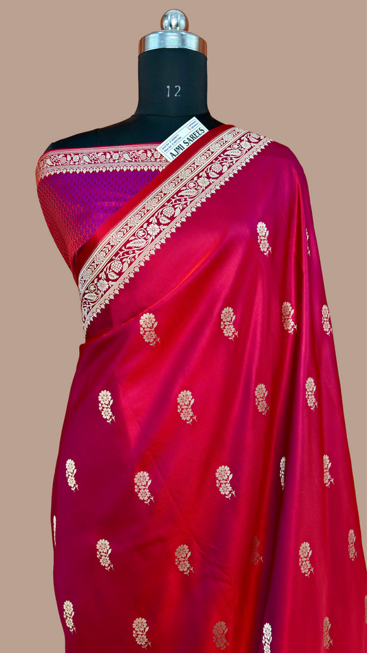 Premium Mashru Katan Silk Banarasi Saree – Magenta × Red Dual Tone Banarasi Saree