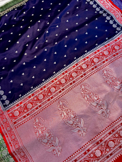 Premium Mashru Katan Silk Banarasi Saree – Navy Blue with Contrast Red Border & Golden Zari Banarasi Saree