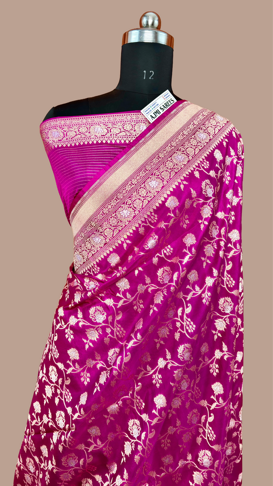 100% Pure Katan Silk Banarasi Saree – Rani Pink Rupa Meenakari Floral Jaal Banarasi Saree