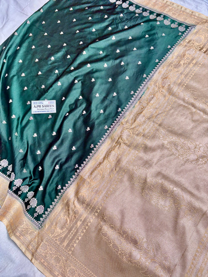 Bottle green and beige Banarasi silk saree draped look
