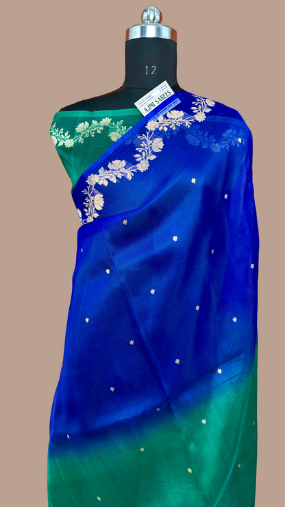 Pure Kora Silk Handloom Banarasi Saree – Royal Blue × Rama Green Dual Shade | All-Over Kadwa Motifs Banarasi Saree