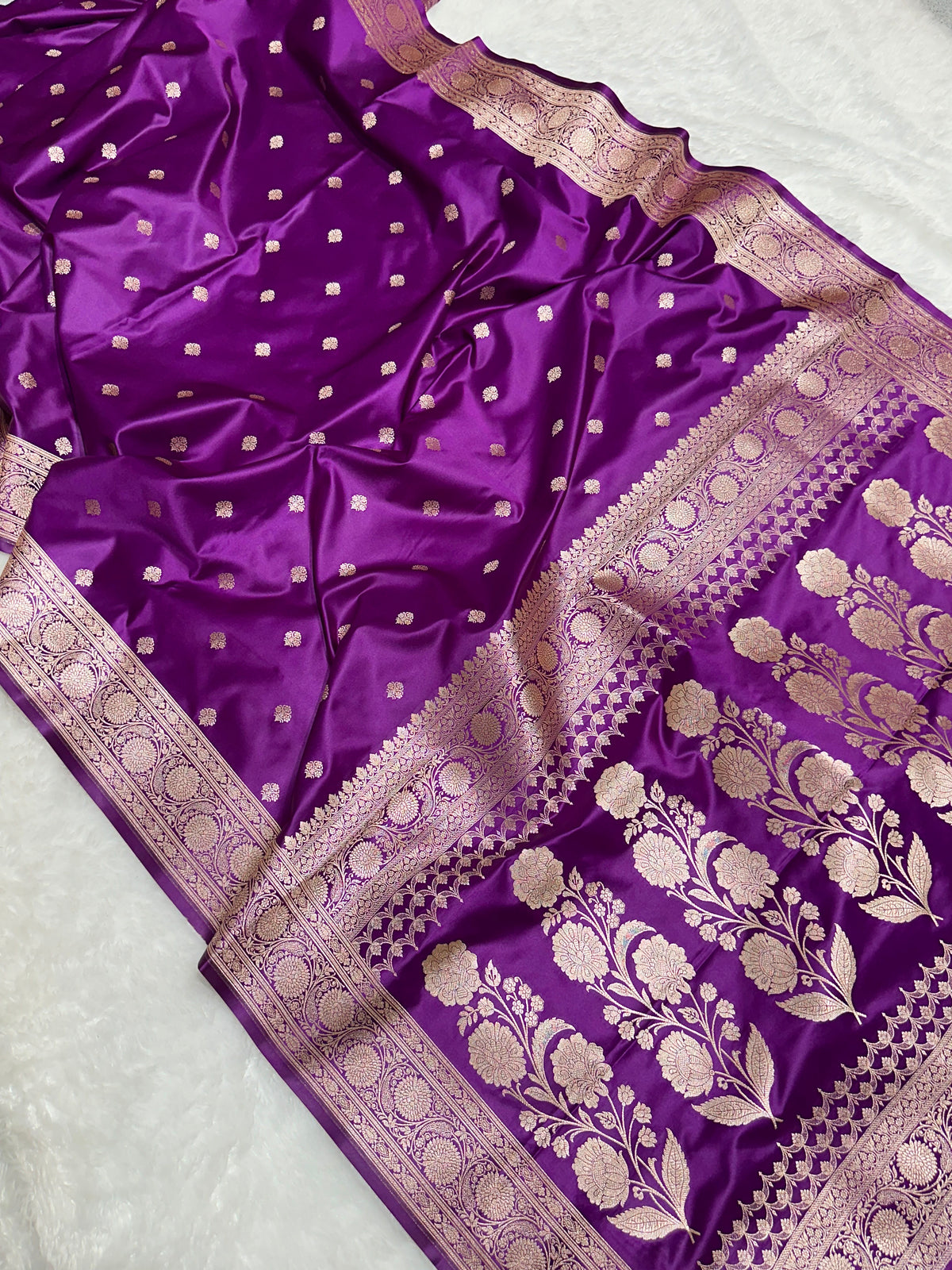 Premium Red Mashru Katan Silk Banarasi Saree with Golden Zari Floral Border & Buti Motifs Magenta Banarasi Saree