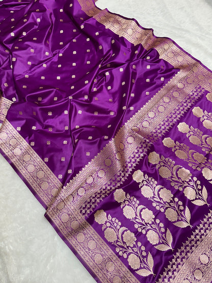 Premium Red Mashru Katan Silk Banarasi Saree with Golden Zari Floral Border & Buti Motifs Magenta Banarasi Saree