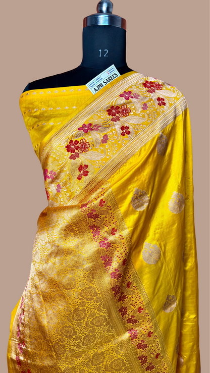 Authentic handwoven banarasi saree lemon yellow kadwa boota motifs