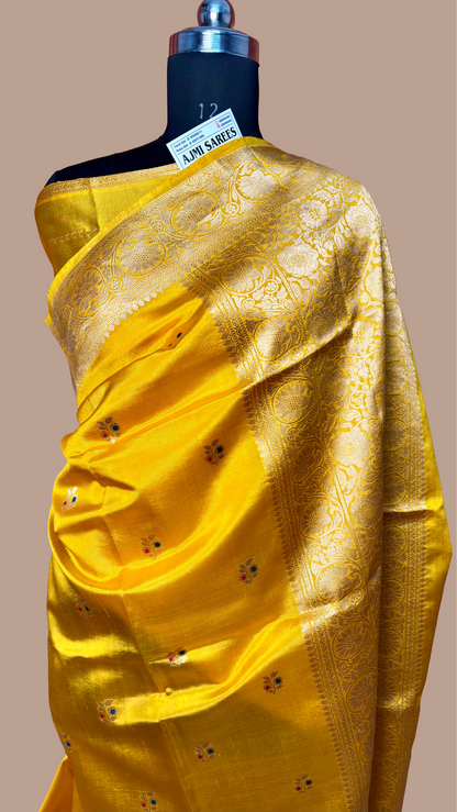 mustard gold kadwa meenakari banarasi saree pure mango silk handloom