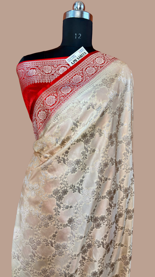 Premium Mashru Katan Silk Banarasi Saree – Ivory & Red Contrast | Golden Zari Floral Jaal Banarasi Saree