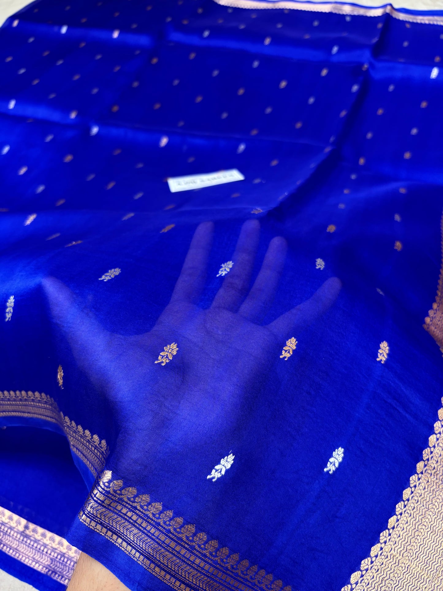 100% Pure Kora Silk Handloom Banarasi Saree – Royal Blue with All Over Kadwa Sona Rupa Motifs Pure Kora Organza Silk