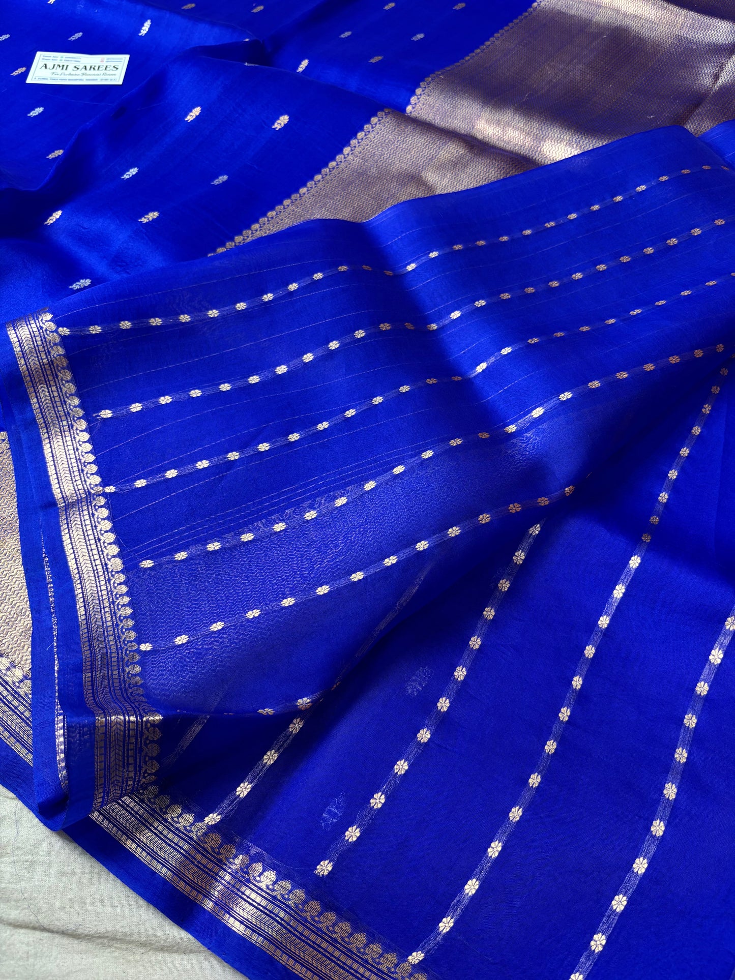 100% Pure Kora Silk Handloom Banarasi Saree – Royal Blue with All Over Kadwa Sona Rupa Motifs Pure Kora Organza Silk