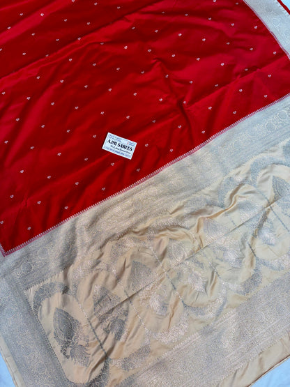 Dark red Katan silk saree with all-over golden zari work