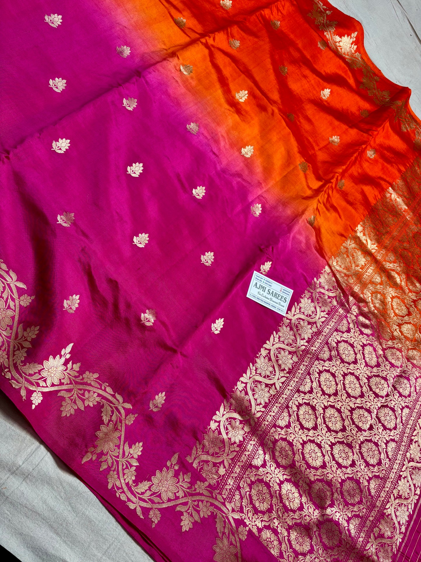 dual tone orange rani banarasi saree zari design