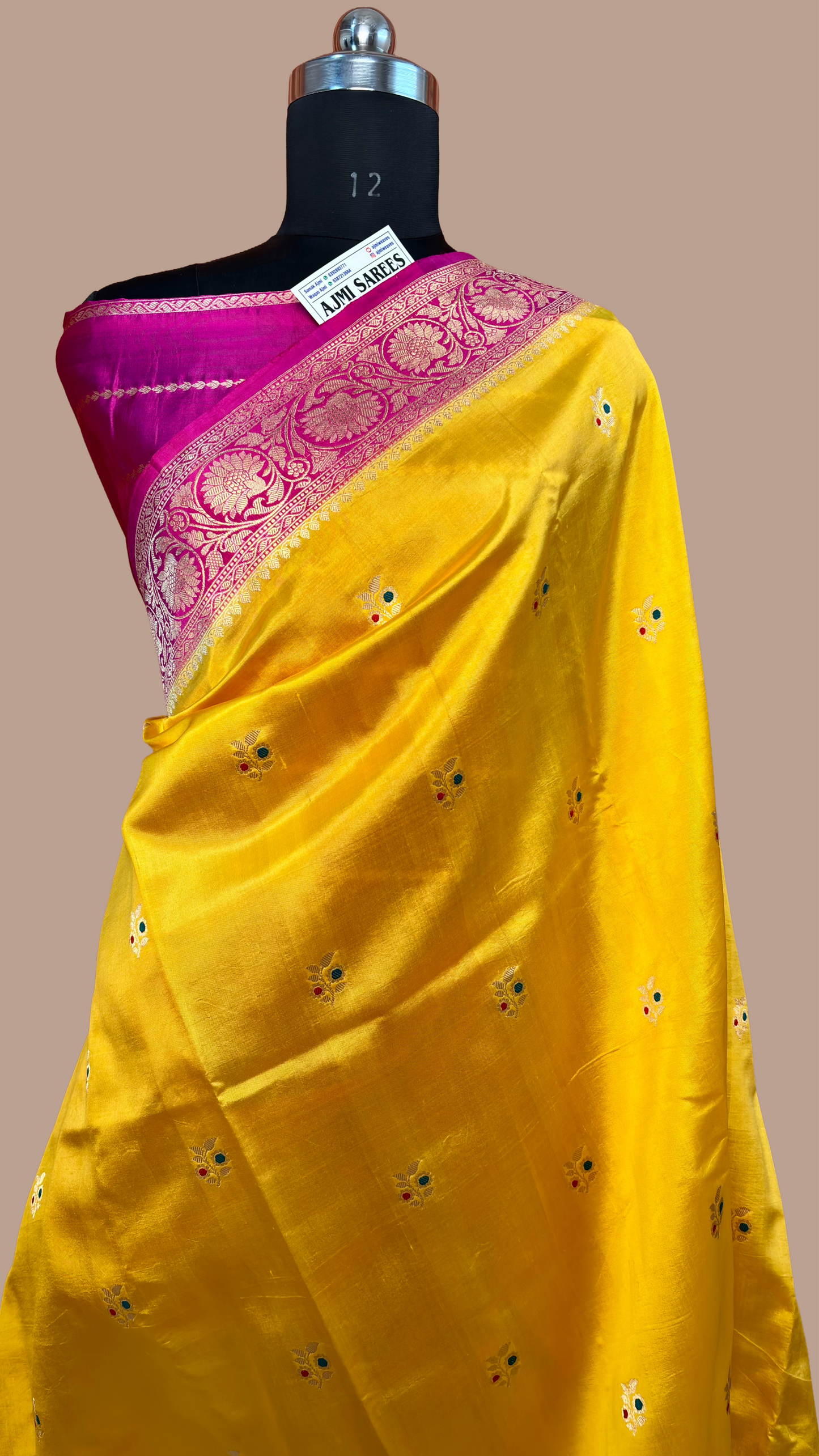 Pure mango silk kadwa saree yellow gold body rani border