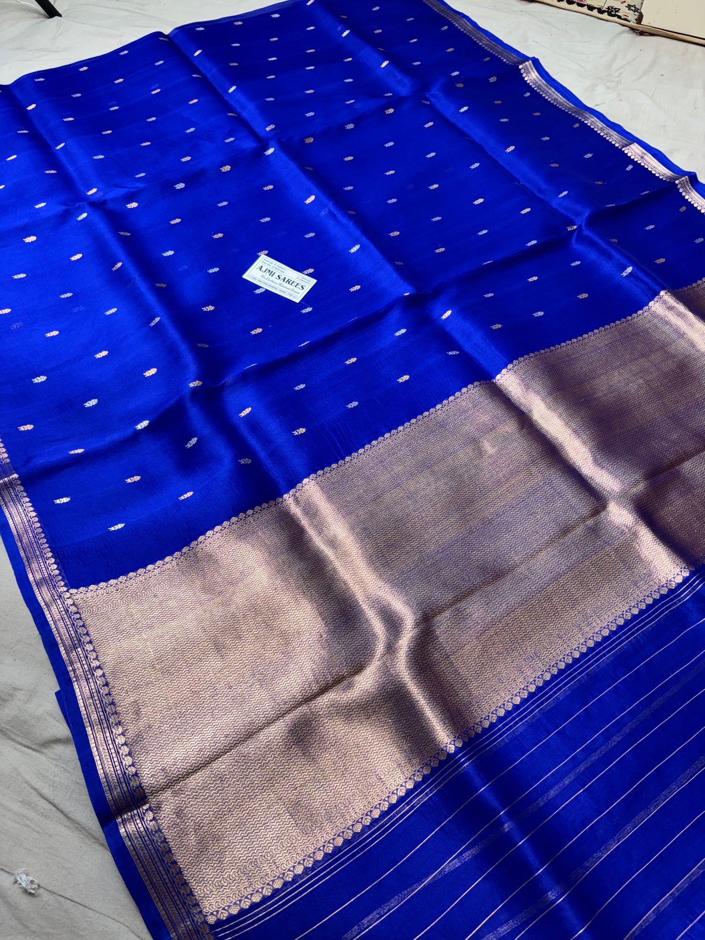 100% Pure Kora Silk Handloom Banarasi Saree – Royal Blue with All Over Kadwa Sona Rupa Motifs Pure Kora Organza Silk