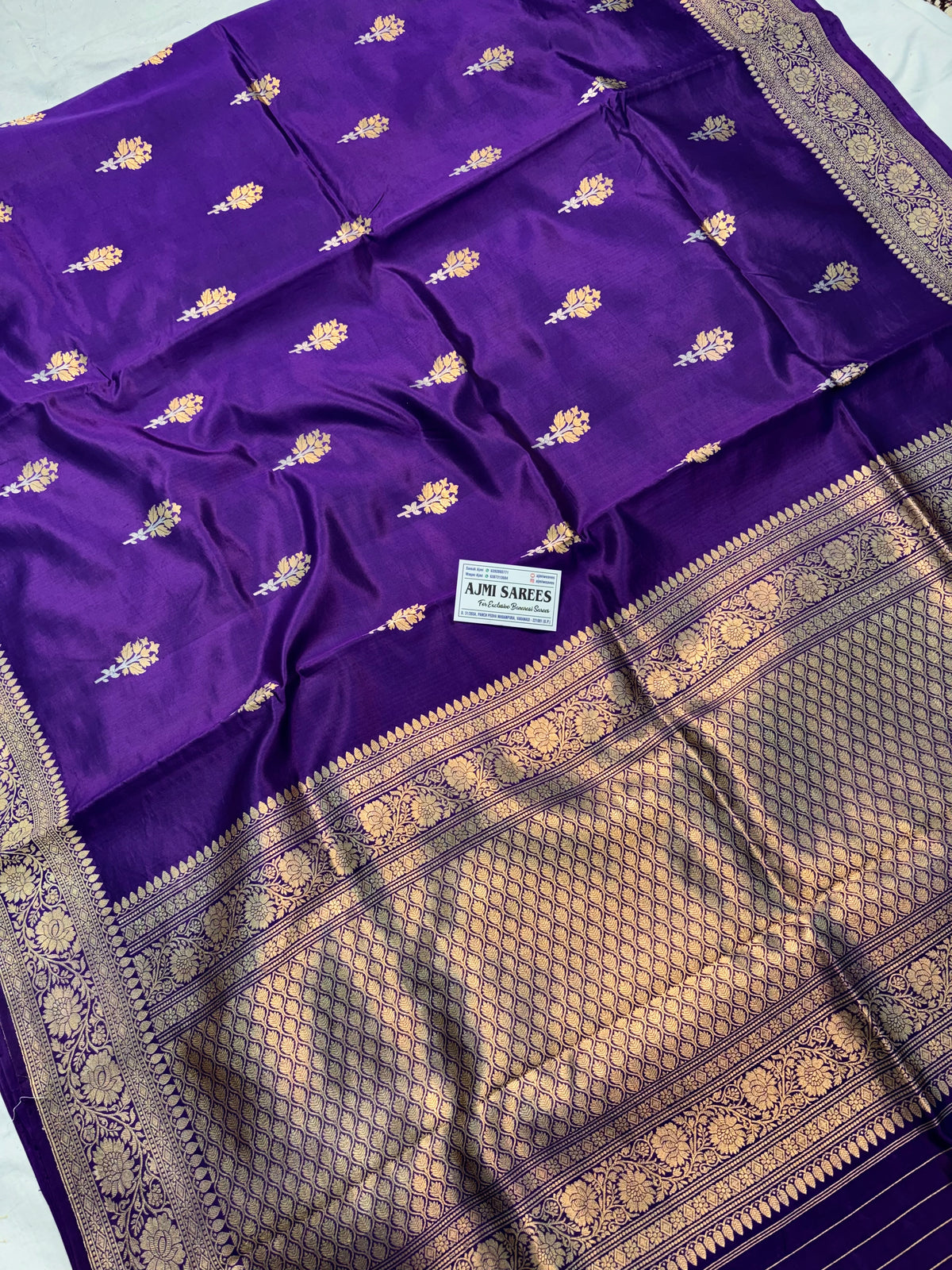 Pure Raw Mango Silk Handloom Banarasi Saree in Purple with All-Over Kadwa Sona Rupa Meenakari Motifs Banarasi Saree