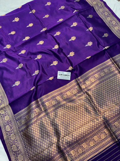 Pure Raw Mango Silk Handloom Banarasi Saree in Purple with All-Over Kadwa Sona Rupa Meenakari Motifs Banarasi Saree