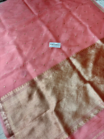 Pure Kora Silk Handloom Banarasi Saree in Peach with 6-Petal Kadwa Zari Motifs Pure Kora Organza Silk
