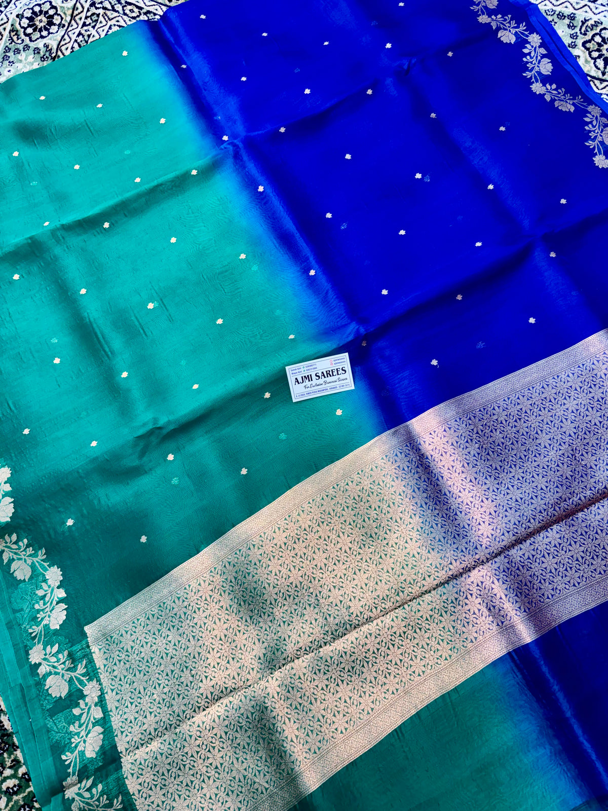 Pure Kora Silk Handloom Banarasi Saree – Royal Blue × Rama Green Dual Shade | All-Over Kadwa Motifs Banarasi Saree