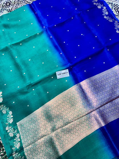 Pure Kora Silk Handloom Banarasi Saree – Royal Blue × Rama Green Dual Shade | All-Over Kadwa Motifs Banarasi Saree