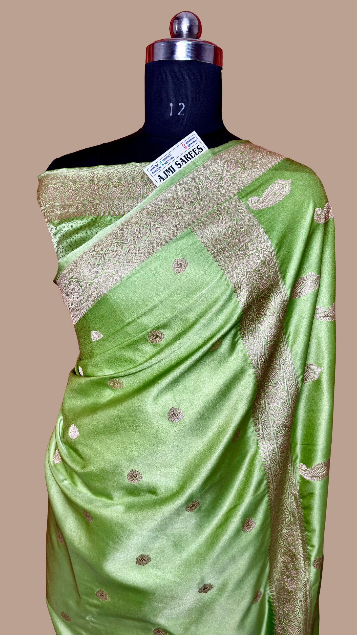 Elegant pista green banarasi saree with traditional woven border