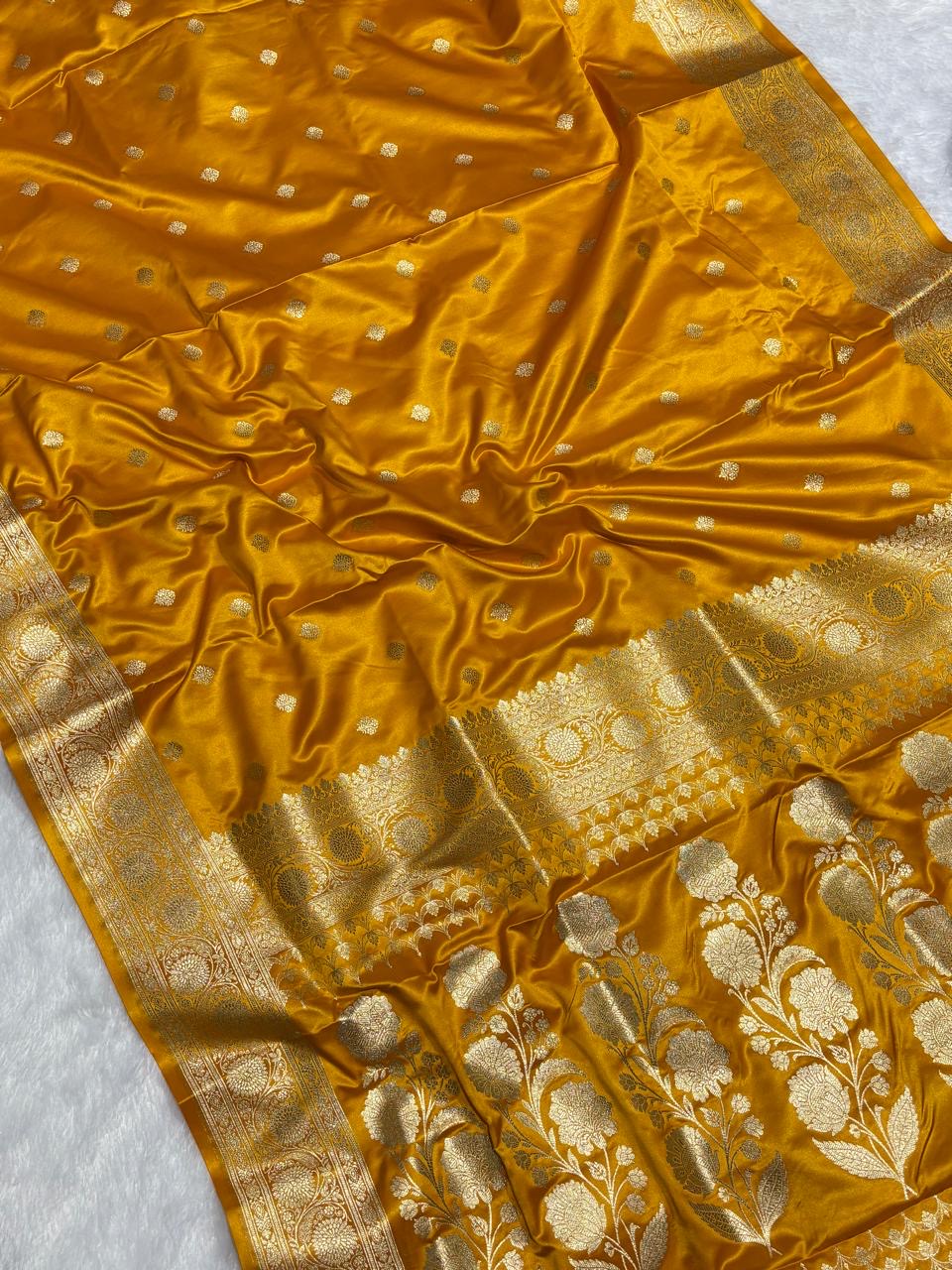 Premium Red Mashru Katan Silk Banarasi Saree with Golden Zari Floral Border & Buti Motifs Gold Banarasi Saree