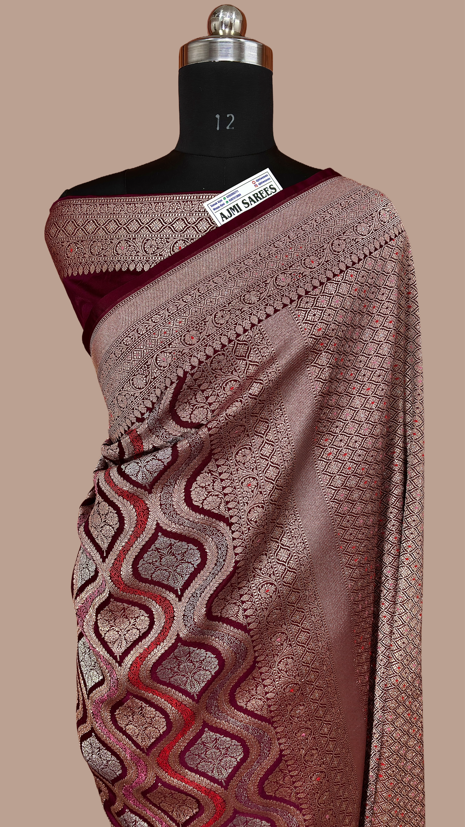 Mashru Katan Silk Wine Color Banarasi Saree with Rich Zari Jaal & Meenakari Border Mashru Katan Silk Banarasi Saree