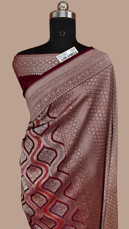 Mashru Katan Silk Wine Color Banarasi Saree with Rich Zari Jaal & Meenakari Border Mashru Katan Silk Banarasi Saree