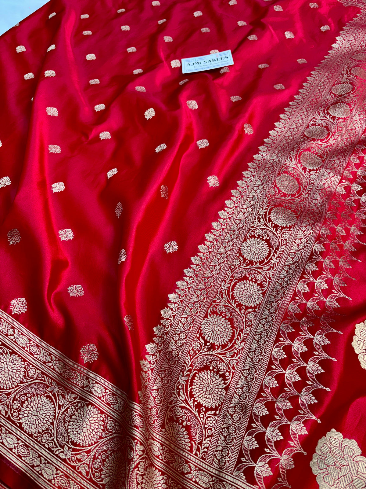 Premium Red Mashru Katan Silk Banarasi Saree with Golden Zari Floral Border & Buti Motifs Banarasi Saree