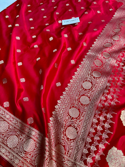 Premium Red Mashru Katan Silk Banarasi Saree with Golden Zari Floral Border & Buti Motifs Banarasi Saree