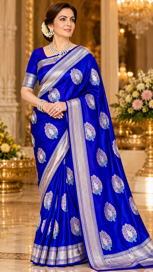 Neeta Ambani Inspired Royal Blue Premium Mashru Katan Silk Banarasi Saree Banarasi Saree