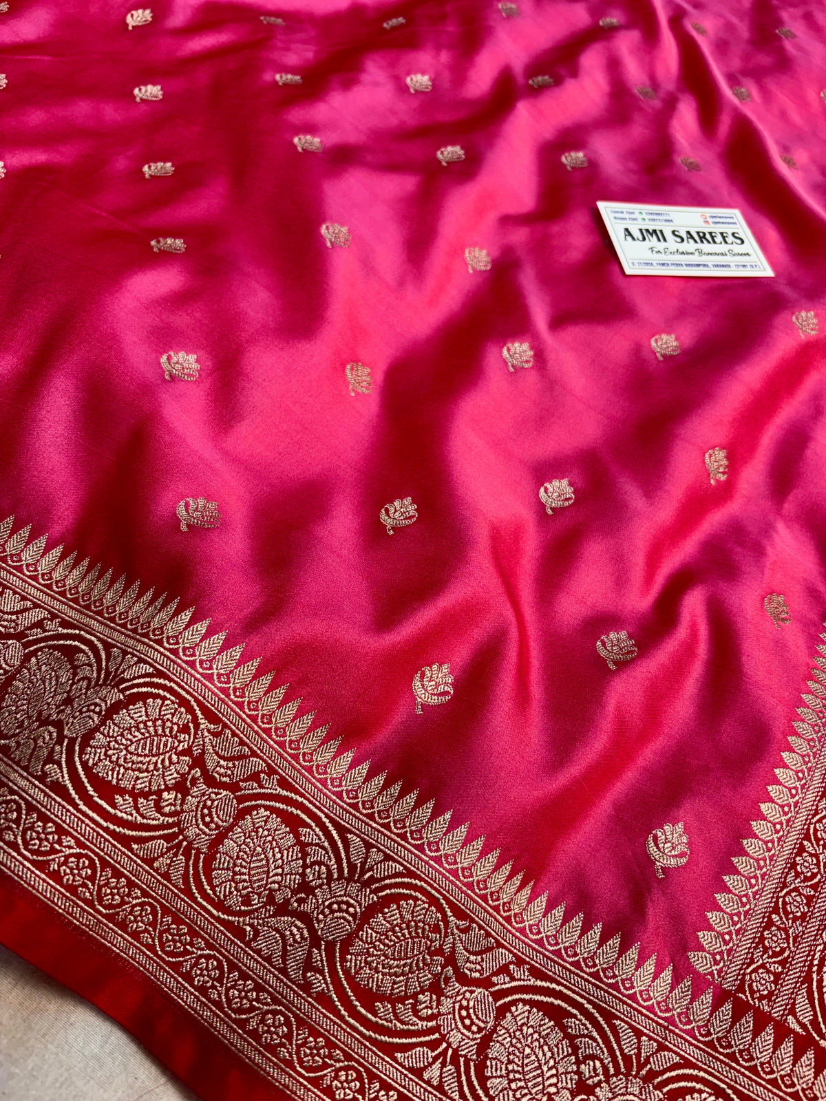 Strawberry pink Mashru Katan Silk Banarasi saree with cherry red border