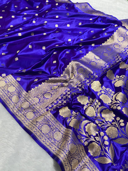 Premium Red Mashru Katan Silk Banarasi Saree with Golden Zari Floral Border & Buti Motifs Royal Blue Banarasi Saree