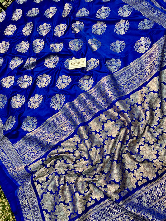 Premium Mashru Katan Silk Banarasi Saree – Royal Blue Rupa Meenakari Buta with Golden Zari Banarasi Saree