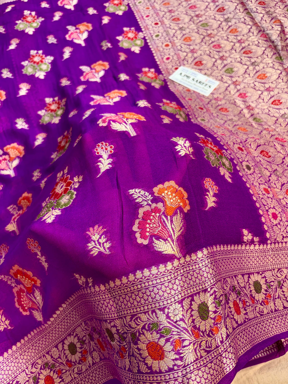 Pure Khaddi Chiffon Magenta Saree with Water Zari Border