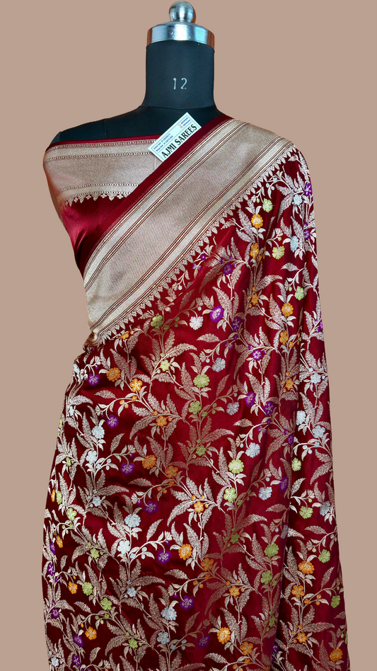 Premium Mashru Katan Silk Banarasi Saree – Maroon with Multicolour Floral Jaal Banarasi Saree